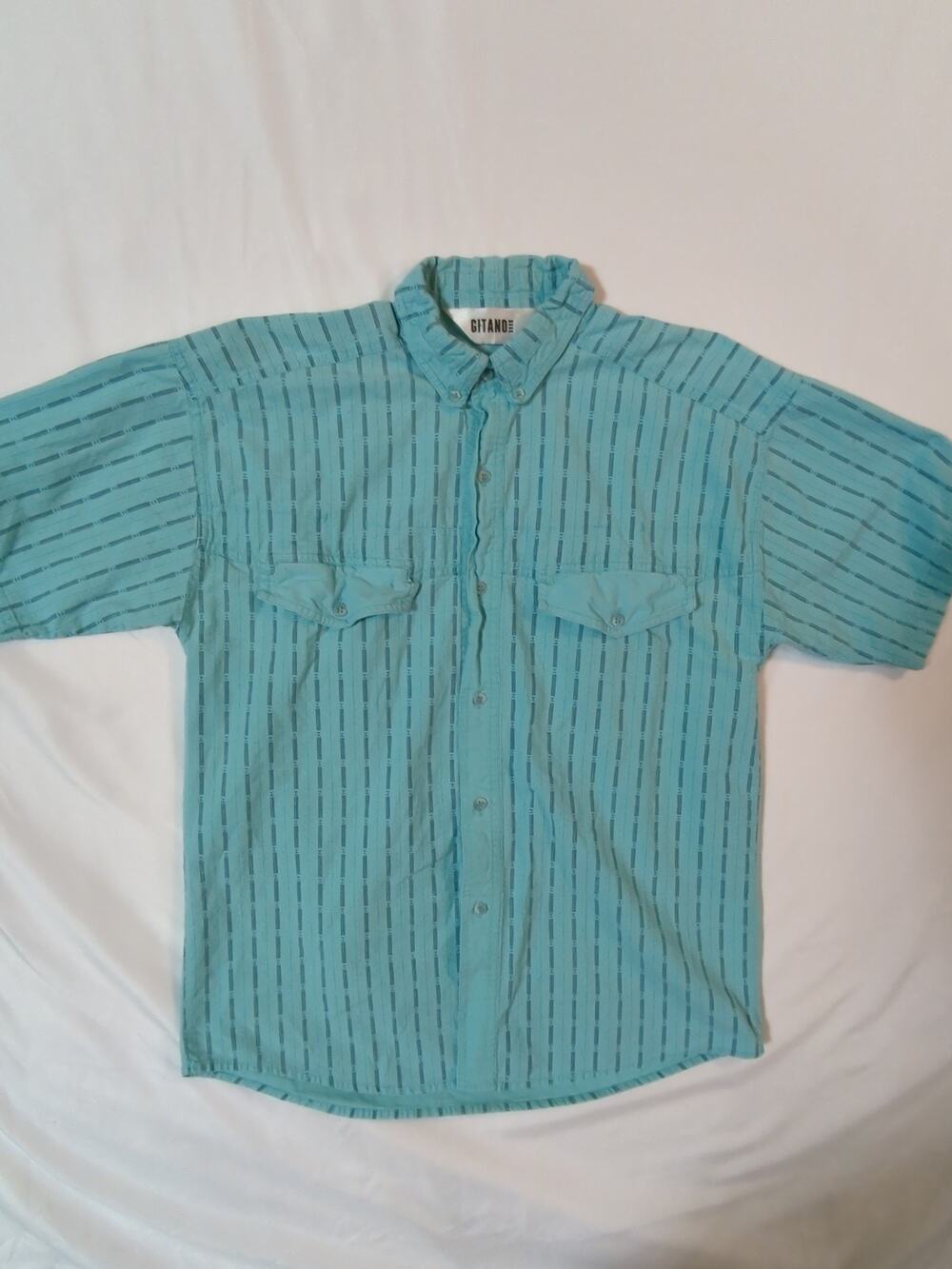 Vintage 90s Gitano Shirt Mens medium Short Sleeve Button Up Turquoise Striped